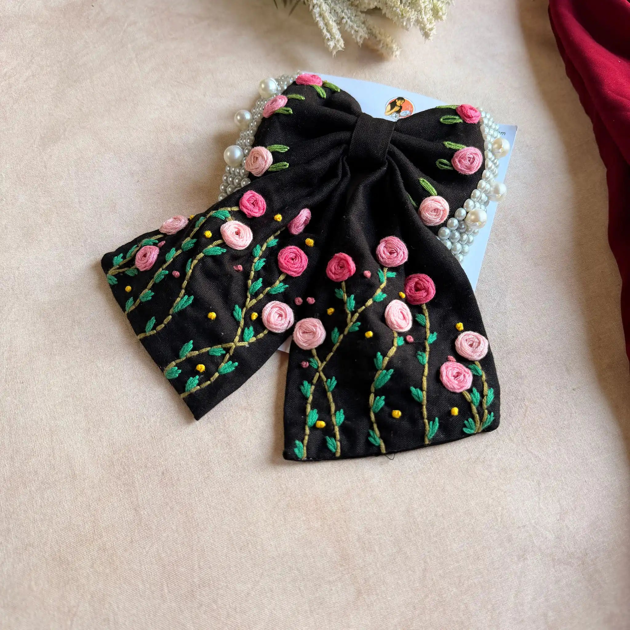 Apsara Black Bow – Hand Embroidered Floral Pearl Hair Bow