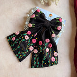 Apsara Black Bow – Hand Embroidered Floral Pearl Hair Bow