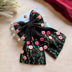 Apsara Black Bow – Hand Embroidered Floral Pearl Hair Bow