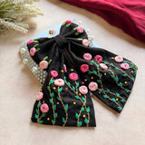 Apsara Black Bow – Hand Embroidered Floral Pearl Hair Bow