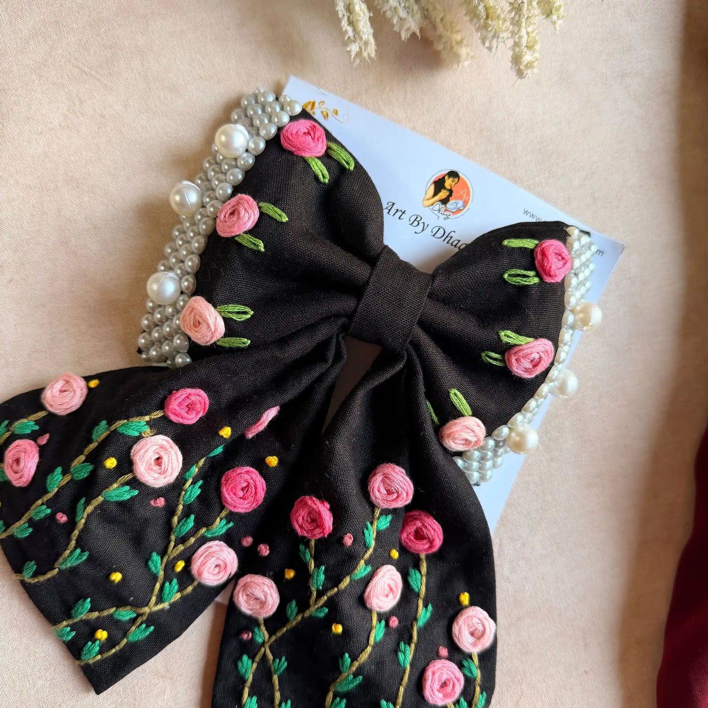 Apsara Black Bow – Hand Embroidered Floral Pearl Hair Bow