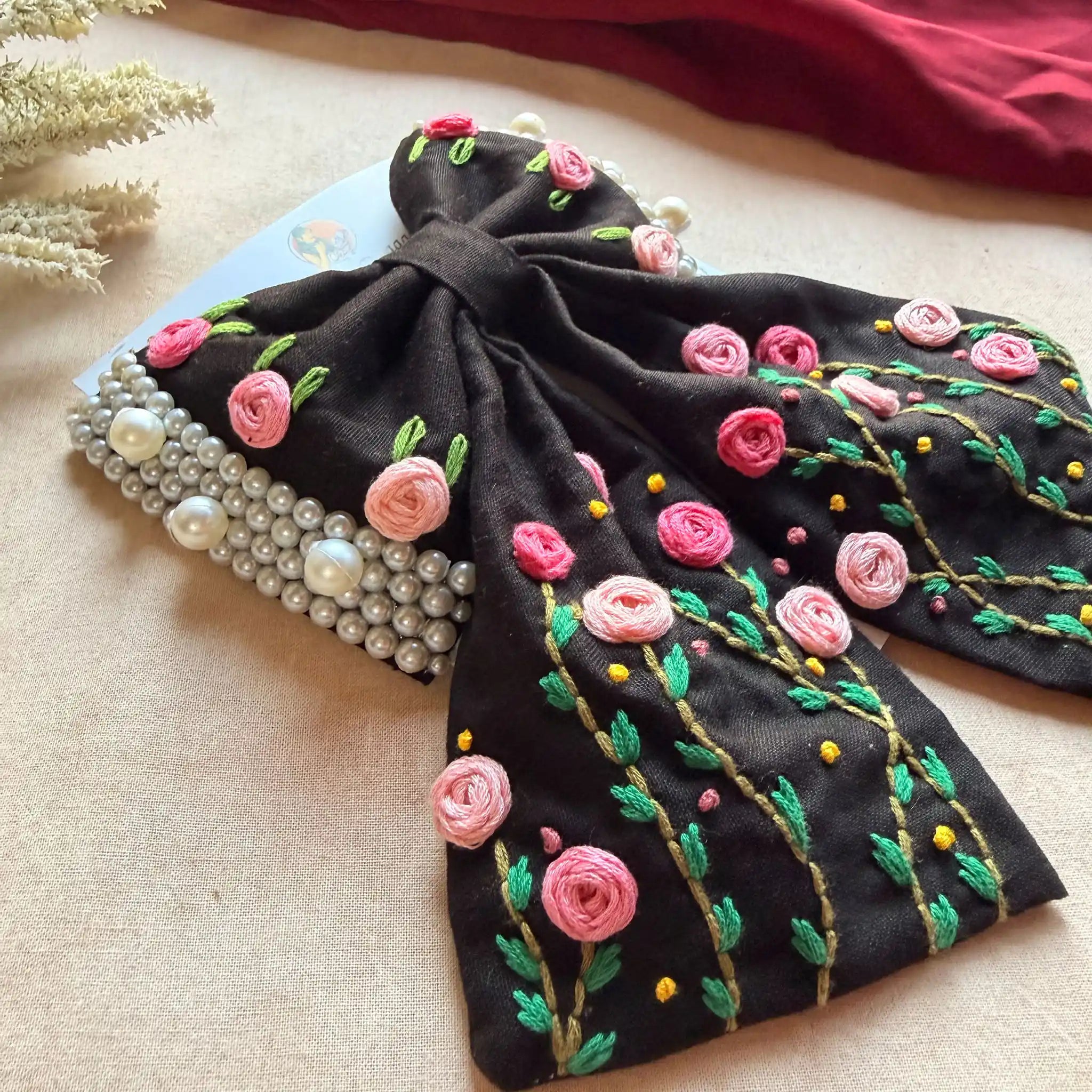 Apsara Black Bow – Hand Embroidered Floral Pearl Hair Bow