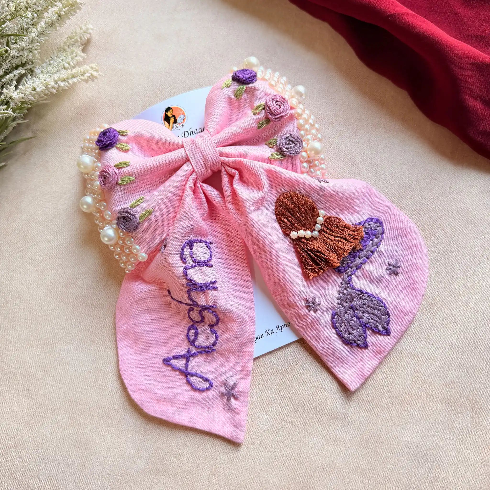 Jalpari Pink Bow – Hand Embroidered Personalized Pearl Hair Bow