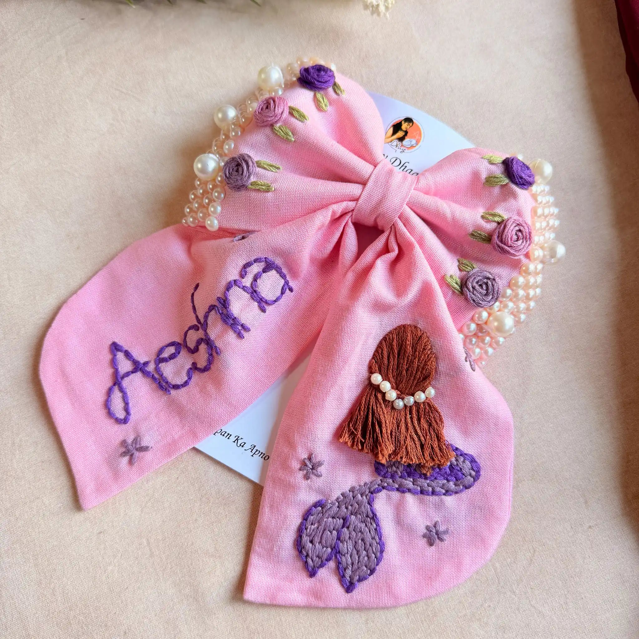 Jalpari Pink Bow – Hand Embroidered Personalized Pearl Hair Bow