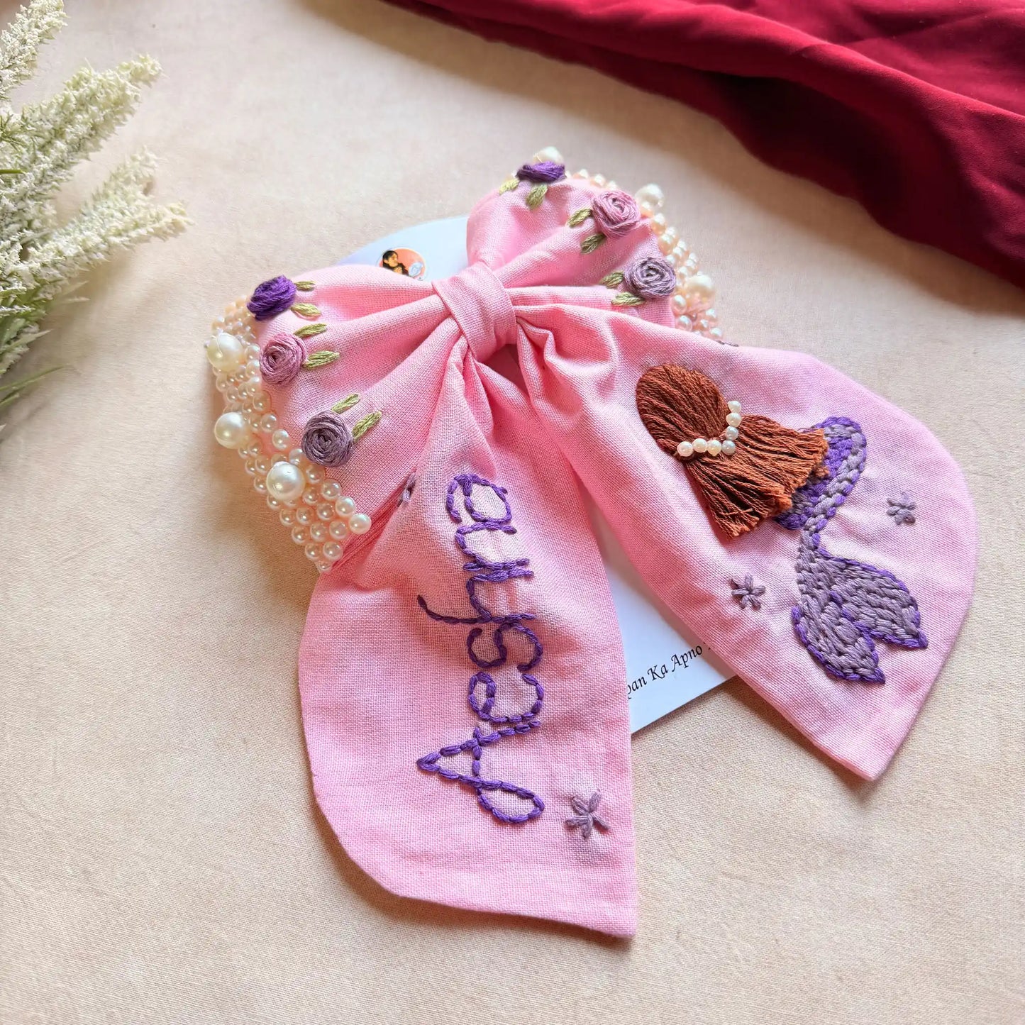 Jalpari Pink Bow – Hand Embroidered Personalized Pearl Hair Bow