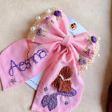 Jalpari Pink Bow – Hand Embroidered Personalized Pearl Hair Bow
