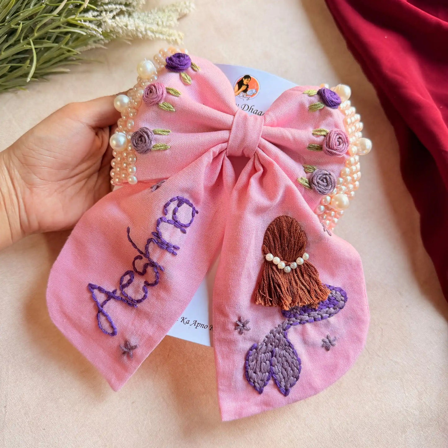 Jalpari Pink Bow – Hand Embroidered Personalized Pearl Hair Bow
