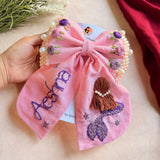 Jalpari Pink Bow – Hand Embroidered Personalized Pearl Hair Bow