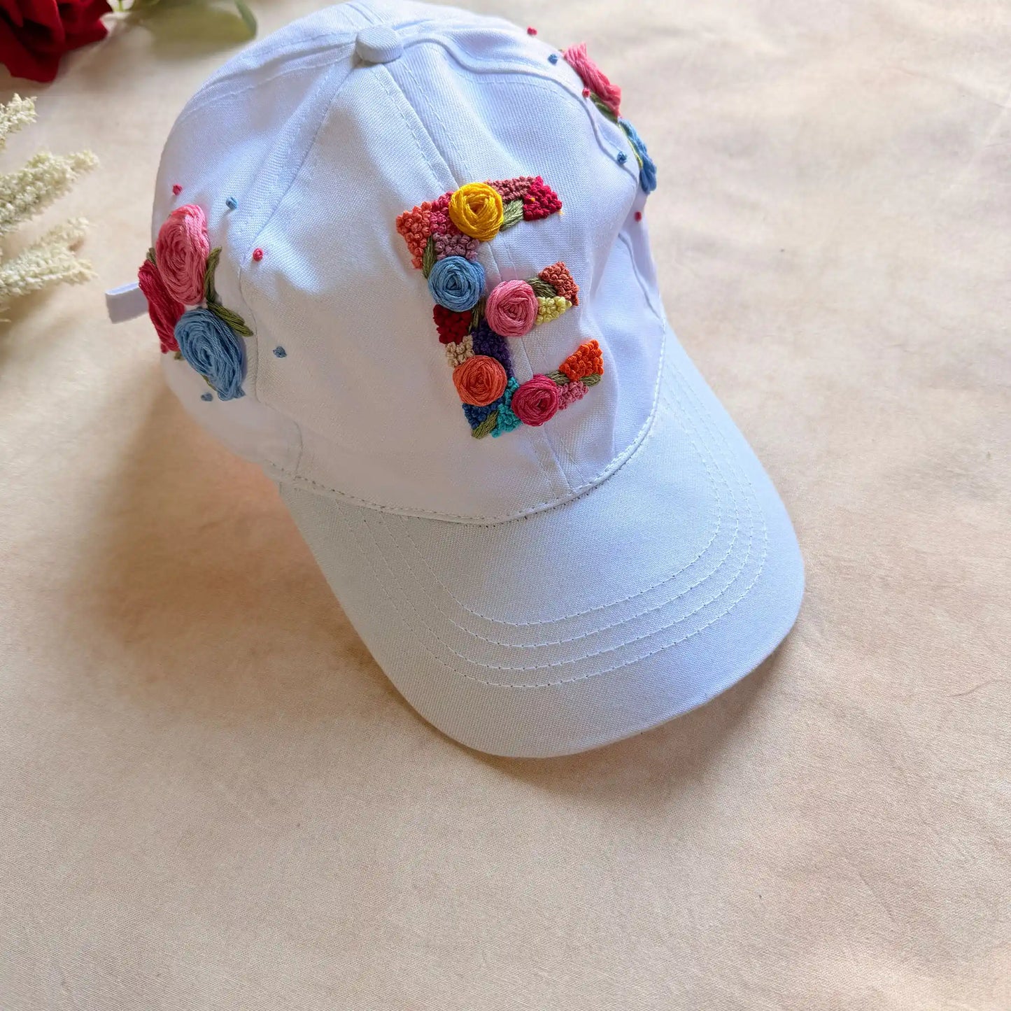 Initial White Summer Cap – Hand Embroidered Personalized Floral Cap