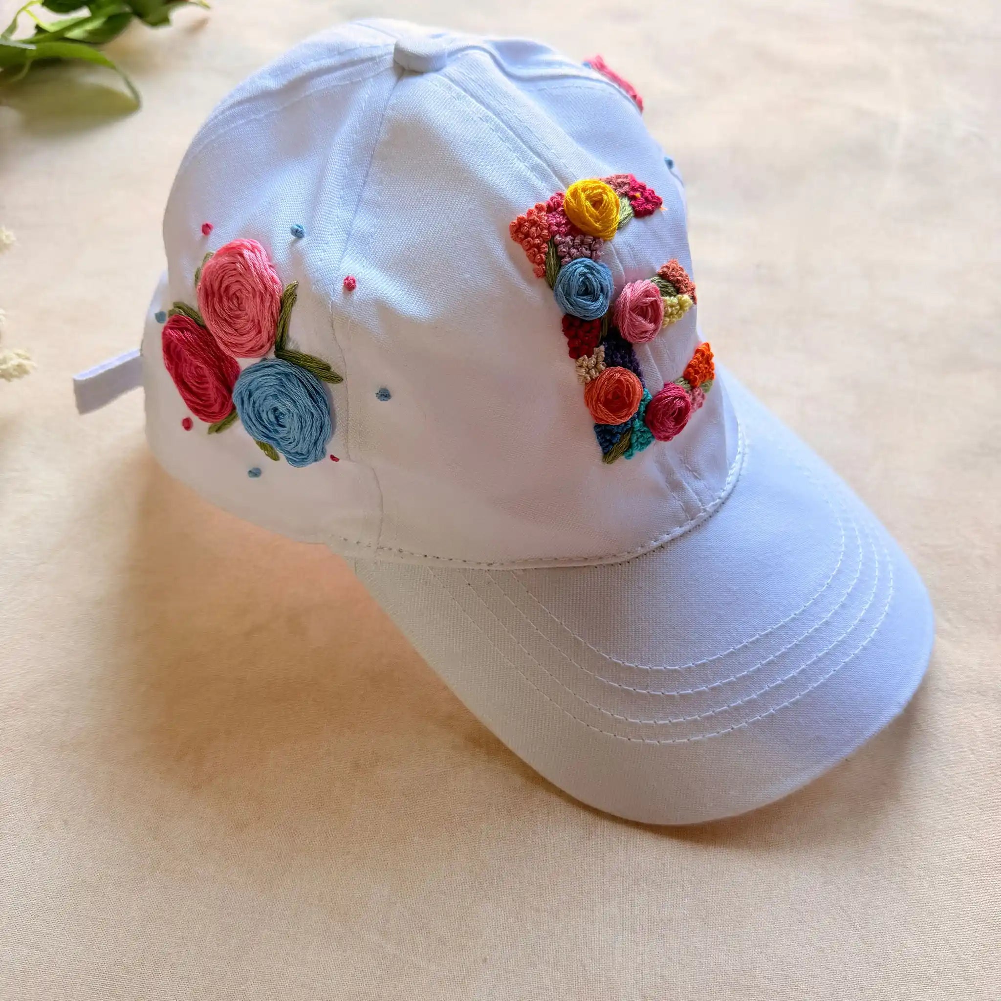 Initial White Summer Cap – Hand Embroidered Personalized Floral Cap