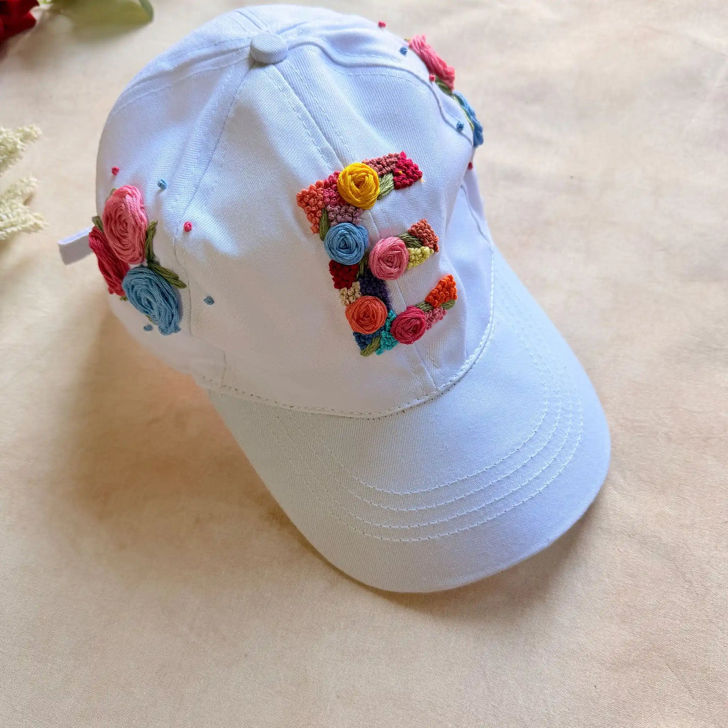 Initial White Summer Cap – Hand Embroidered Personalized Floral Cap