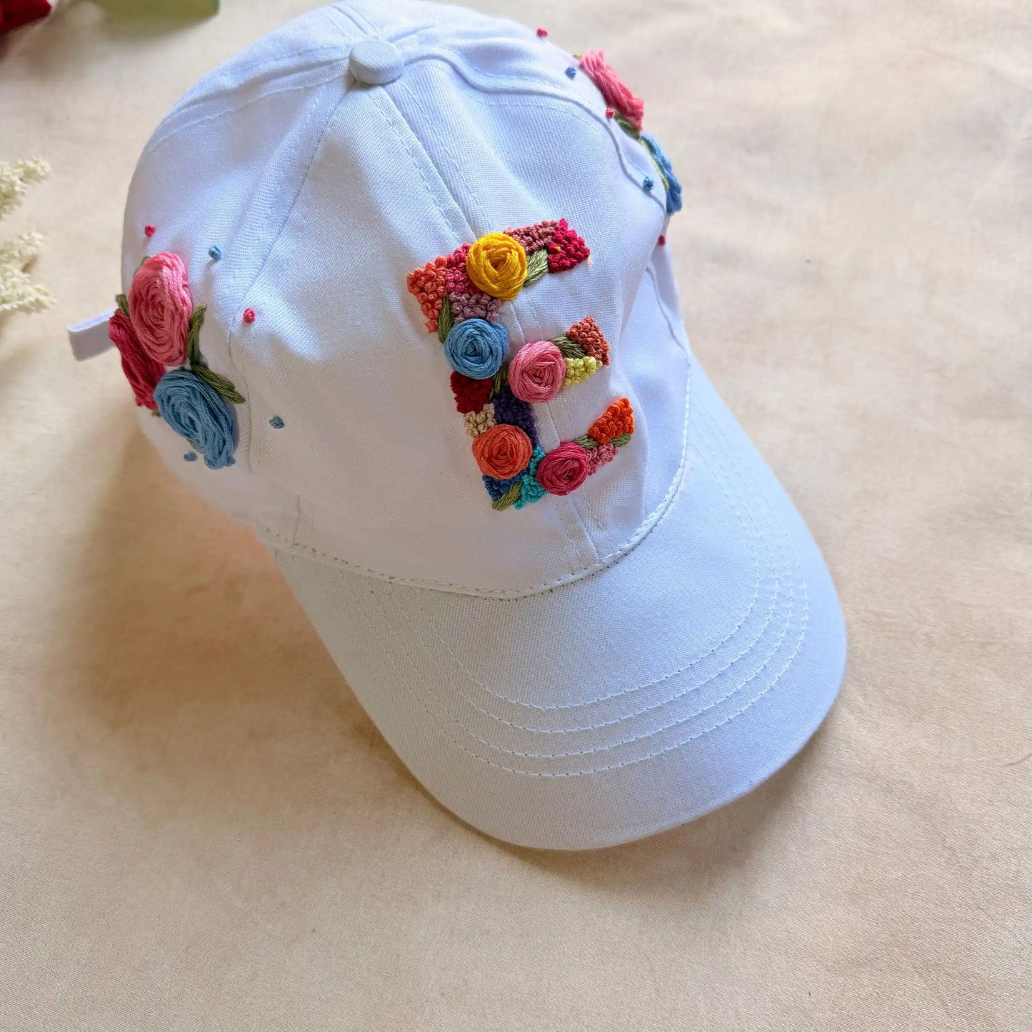 Initial White Summer Cap – Hand Embroidered Personalized Floral Cap