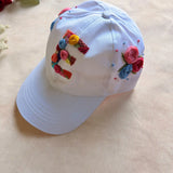 Initial White Summer Cap – Hand Embroidered Personalized Floral Cap
