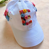 Initial White Summer Cap – Hand Embroidered Personalized Floral Cap