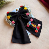 Initial Black Bow – Hand Embroidered Personalized Floral Pearl Hair Bow