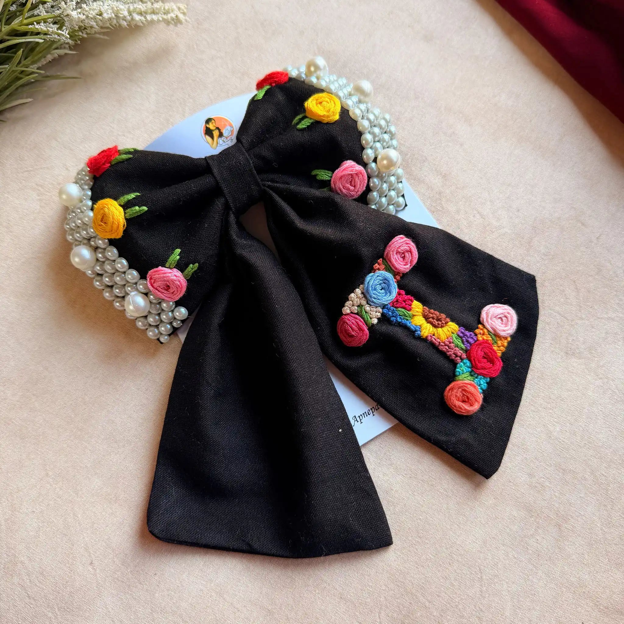 Initial Black Bow – Hand Embroidered Personalized Floral Pearl Hair Bow