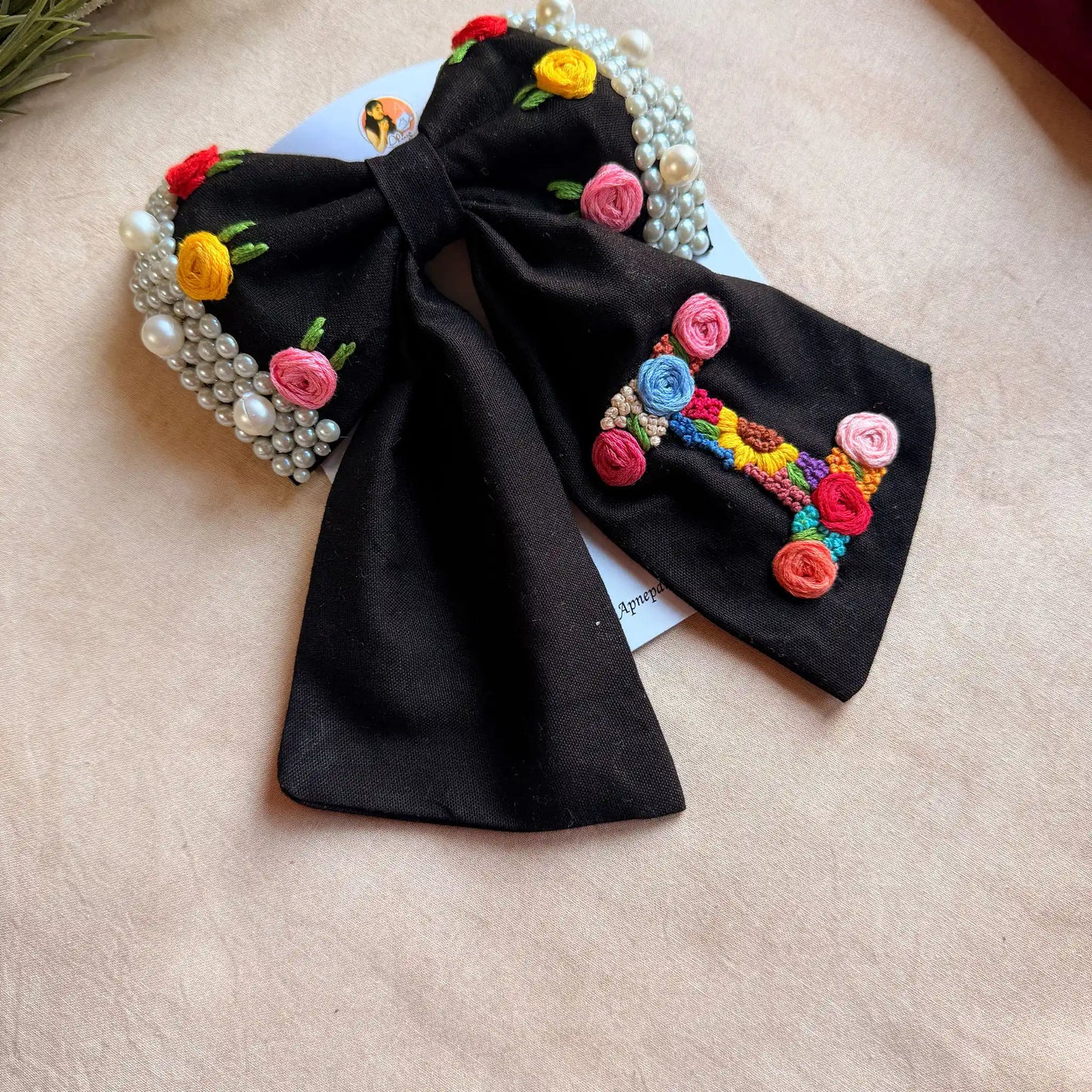 Initial Black Bow – Hand Embroidered Personalized Floral Pearl Hair Bow