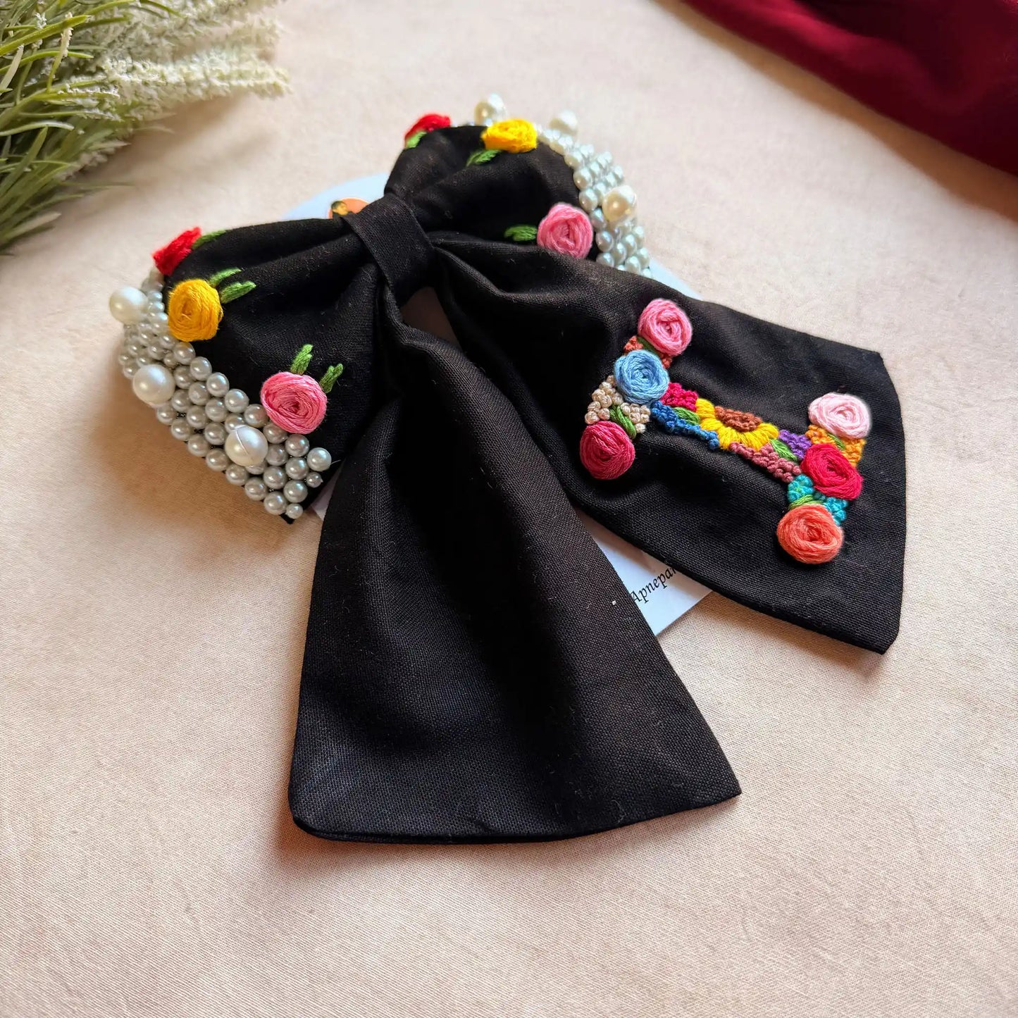Initial Black Bow – Hand Embroidered Personalized Floral Pearl Hair Bow
