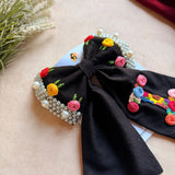 Initial Black Bow – Hand Embroidered Personalized Floral Pearl Hair Bow