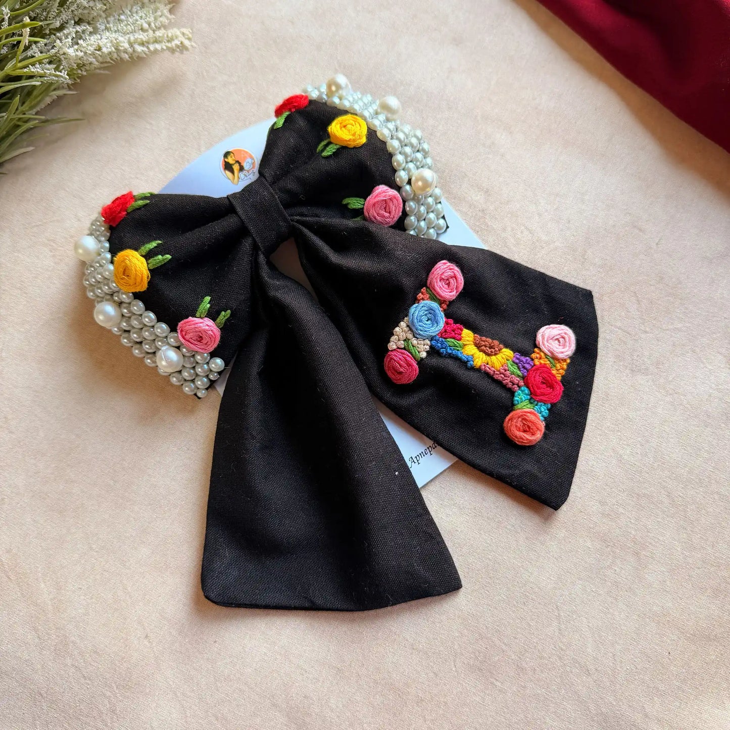 Initial Black Bow – Hand Embroidered Personalized Floral Pearl Hair Bow