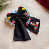 Initial Black Bow – Hand Embroidered Personalized Floral Pearl Hair Bow