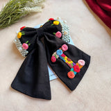 Initial Black Bow – Hand Embroidered Personalized Floral Pearl Hair Bow