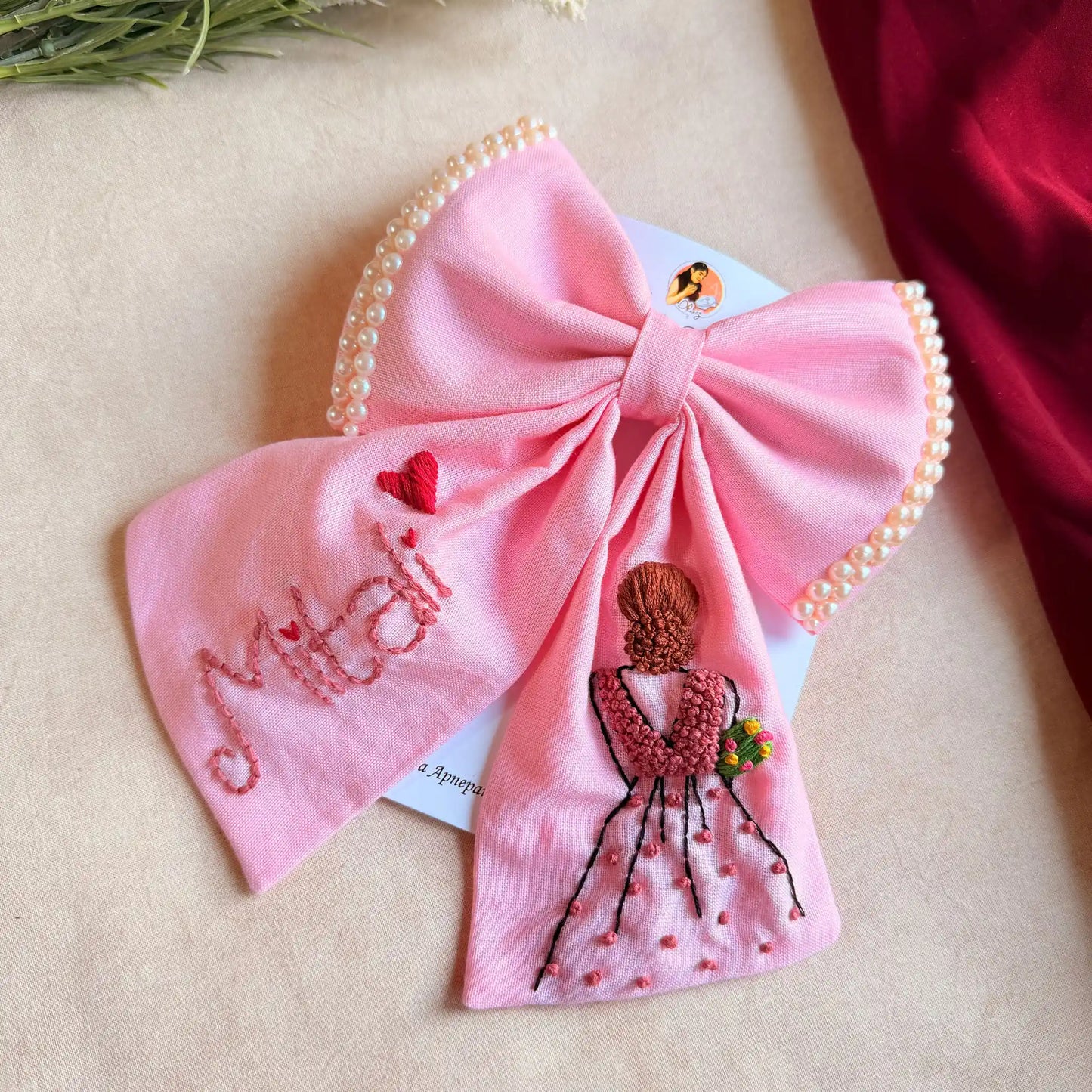 Doll Pink Bow – Hand Embroidered Personalized Pearl Hair Bow