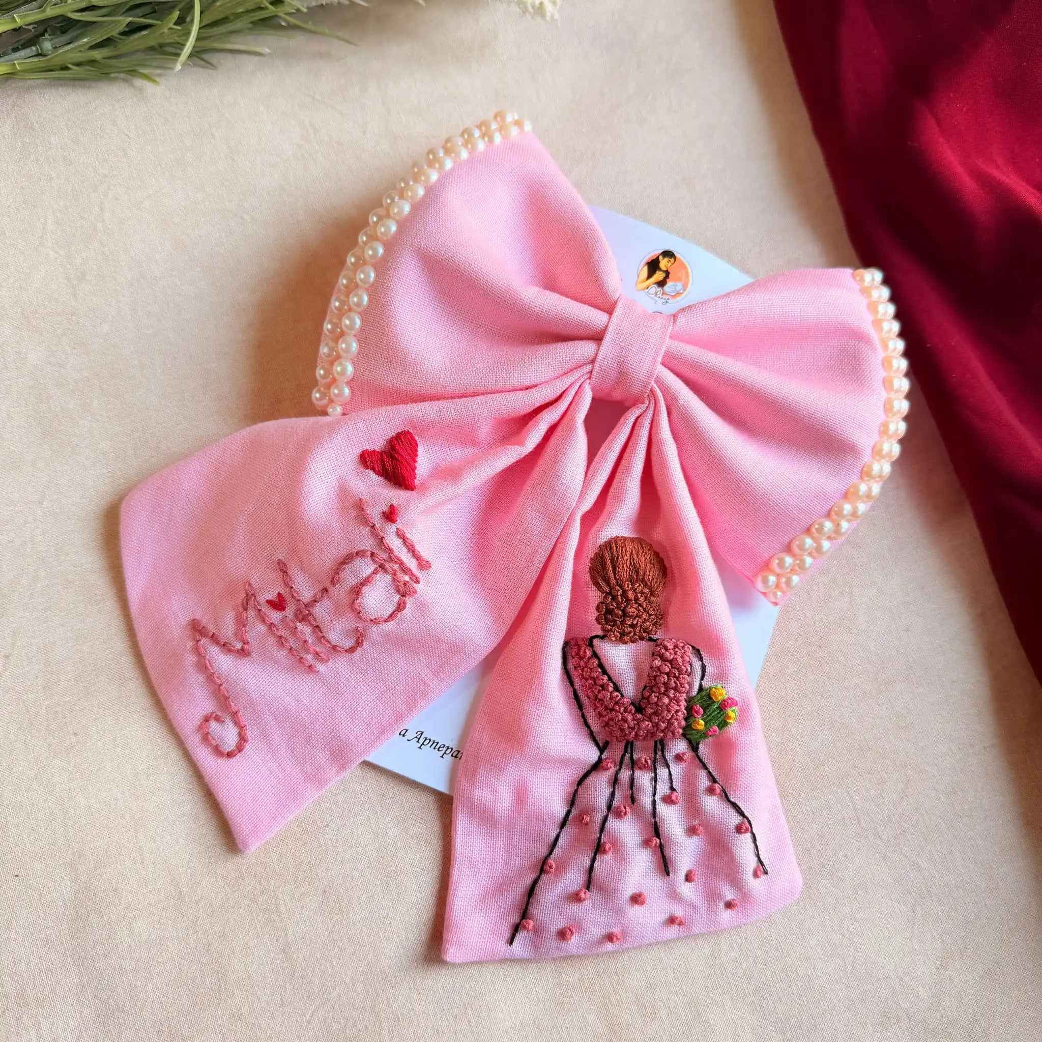Doll Pink Bow – Hand Embroidered Personalized Pearl Hair Bow