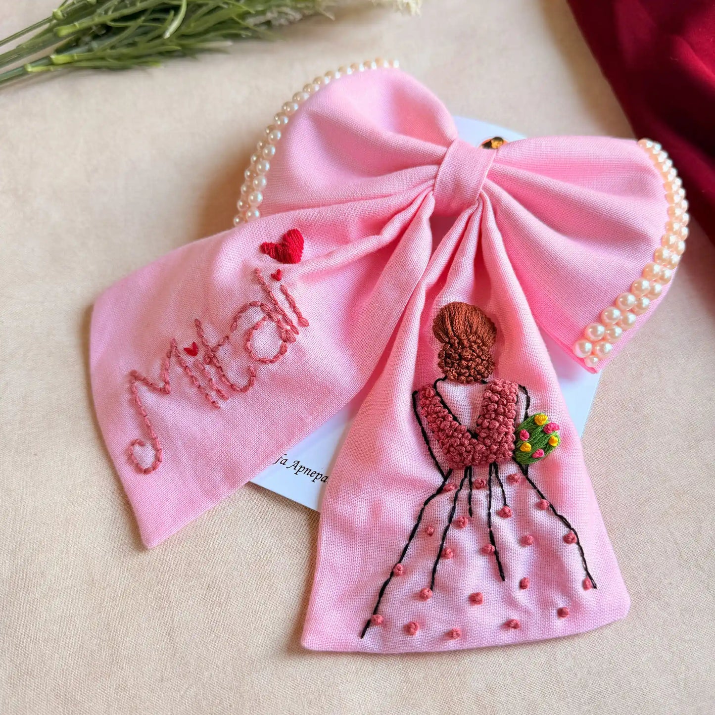 Doll Pink Bow – Hand Embroidered Personalized Pearl Hair Bow