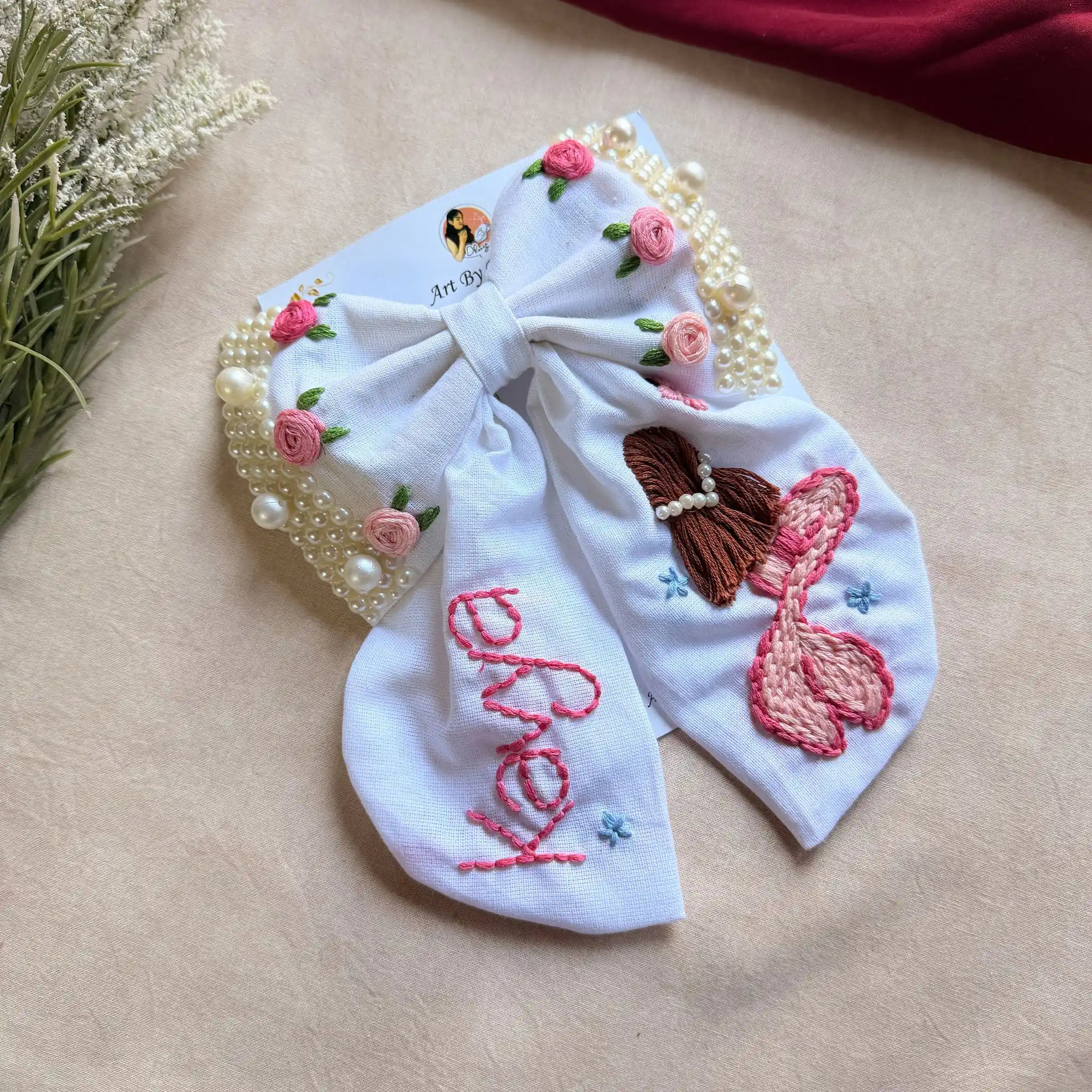 Jalpari White Bow – Hand Embroidered Personalized Pearl Hair Bow