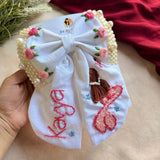 Jalpari White Bow – Hand Embroidered Personalized Pearl Hair Bow