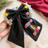Initial Black Bow – Hand Embroidered Personalized Floral Pearl Hair Bow