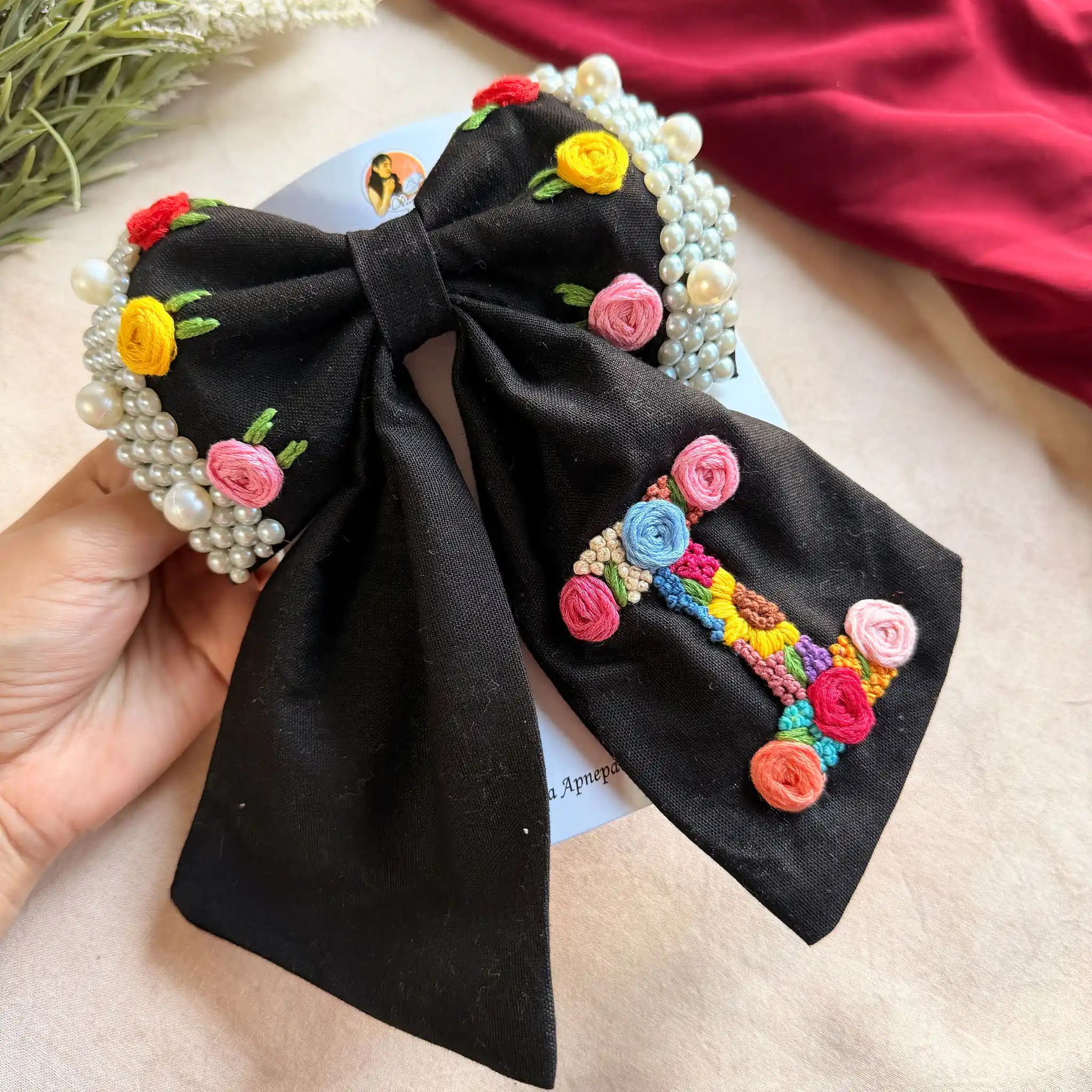 Initial Black Bow – Hand Embroidered Personalized Floral Pearl Hair Bow