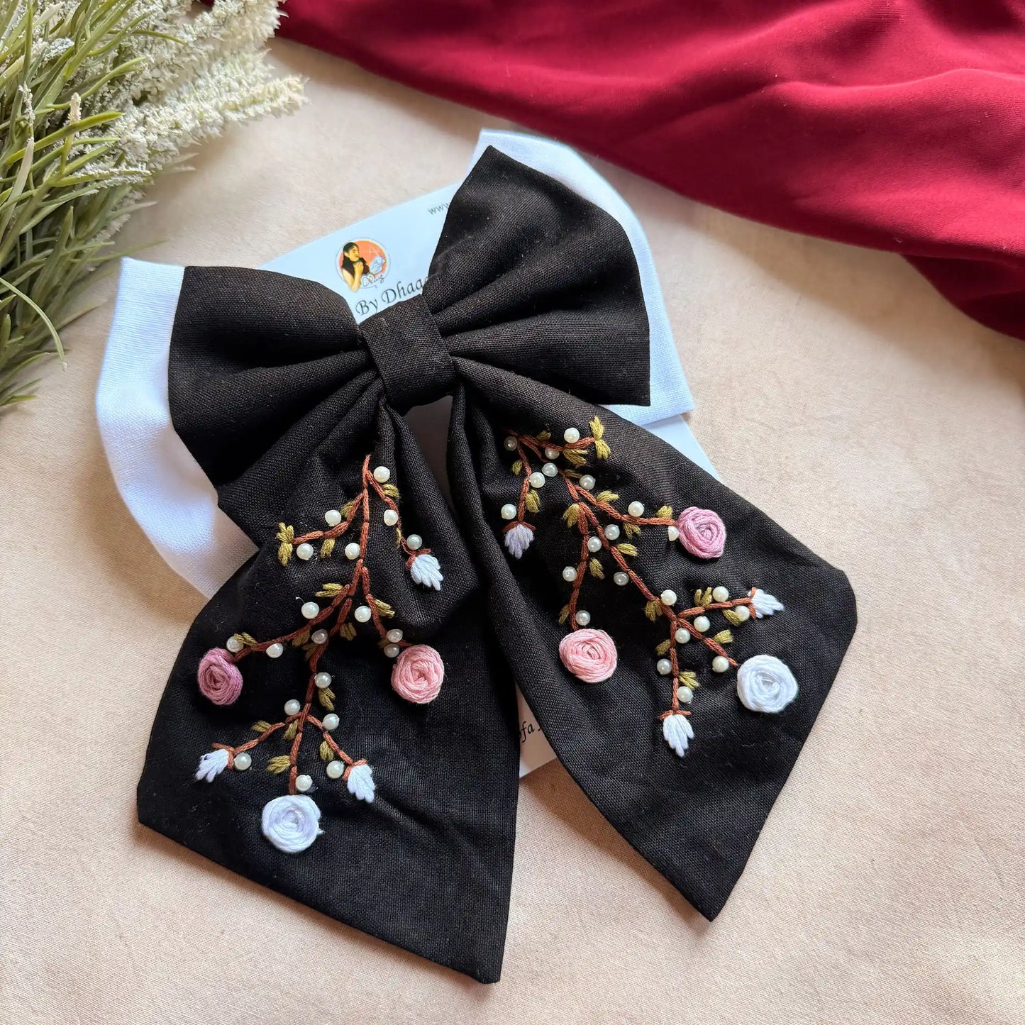 Aaradhya Black Bow – Hand Embroidered Floral Pearl Hair Bow