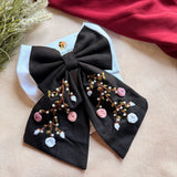Aaradhya Black Bow – Hand Embroidered Floral Pearl Hair Bow