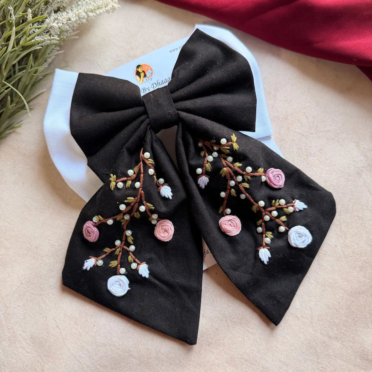 Aaradhya Black Bow – Hand Embroidered Floral Pearl Hair Bow