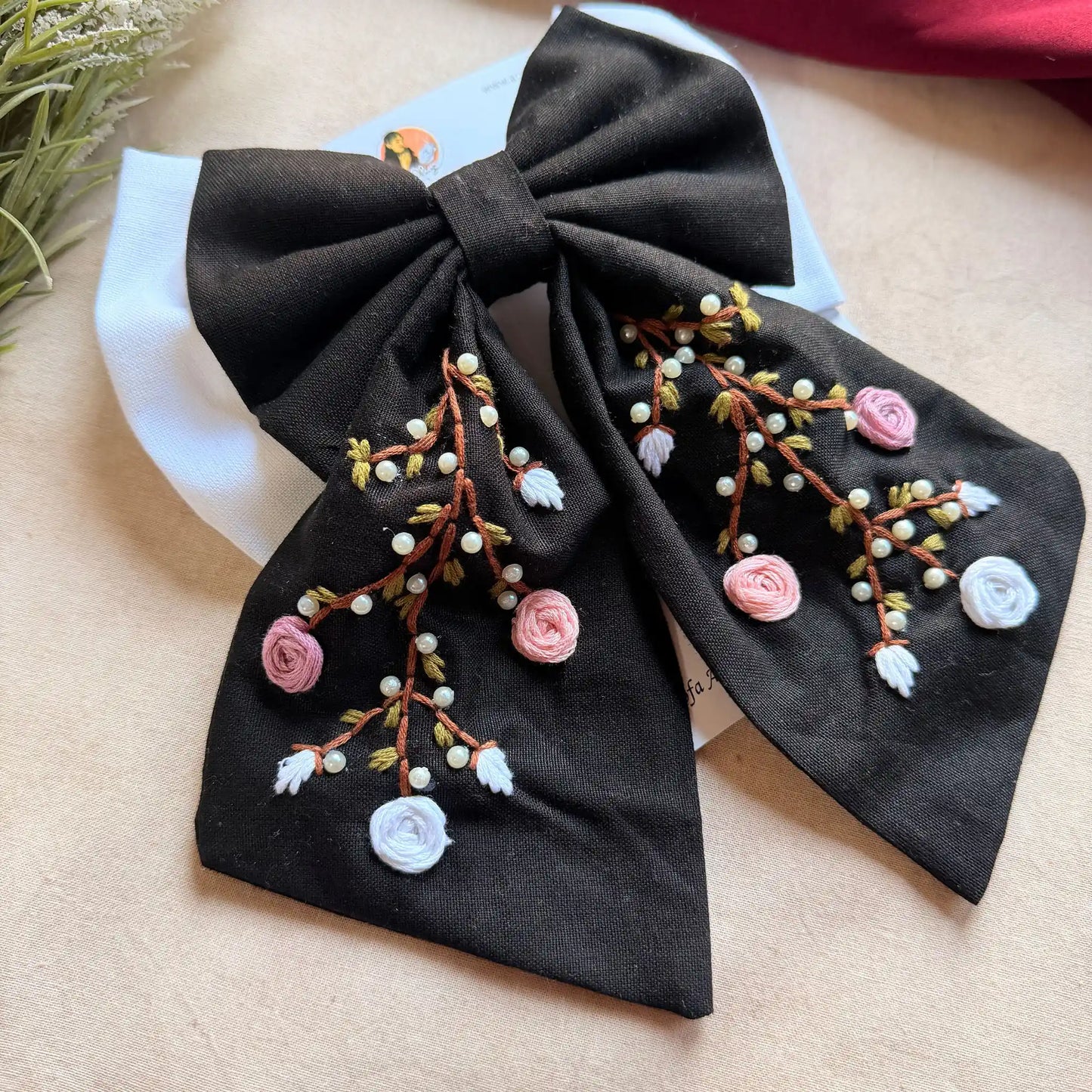 Aaradhya Black Bow – Hand Embroidered Floral Pearl Hair Bow