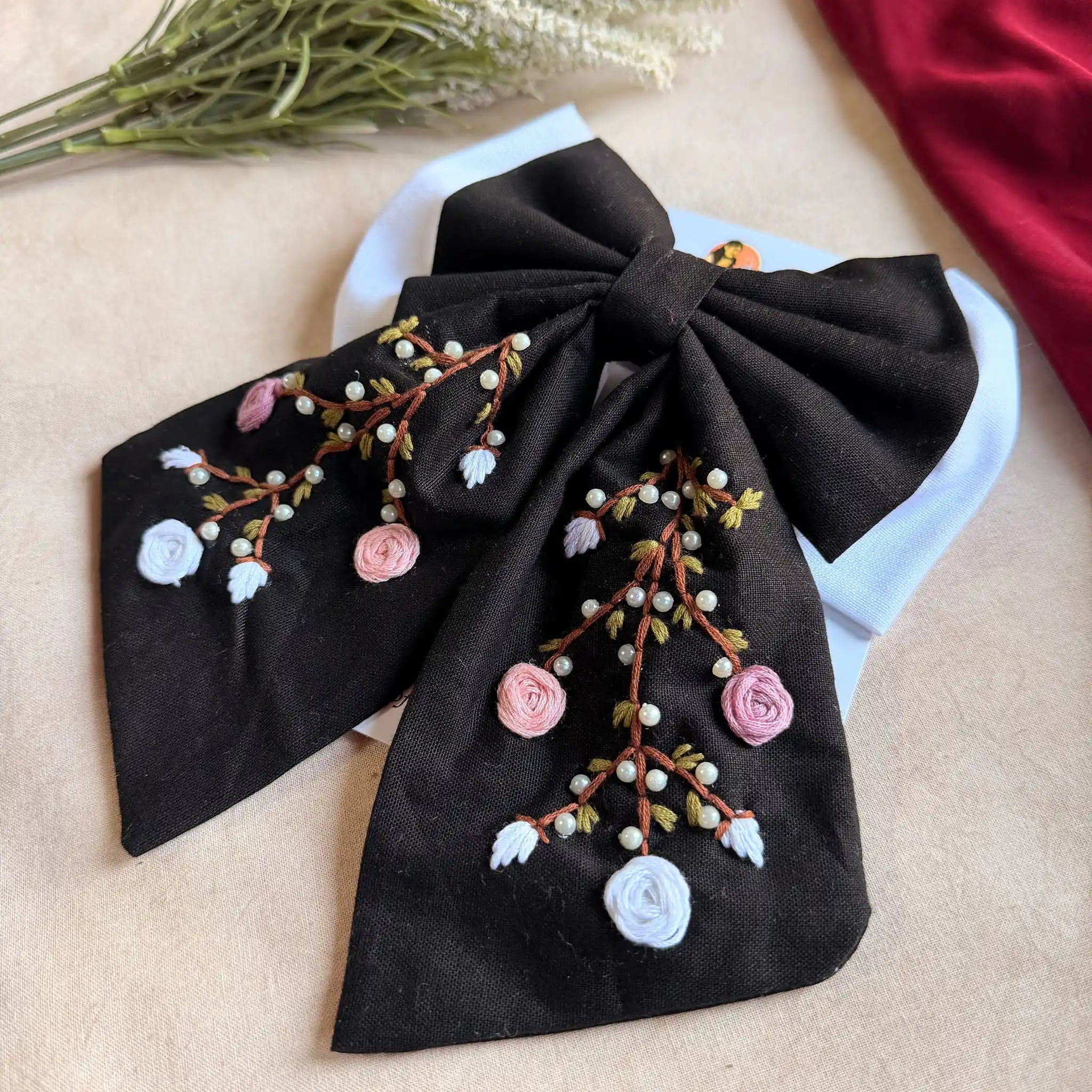 Aaradhya Black Bow – Hand Embroidered Floral Pearl Hair Bow