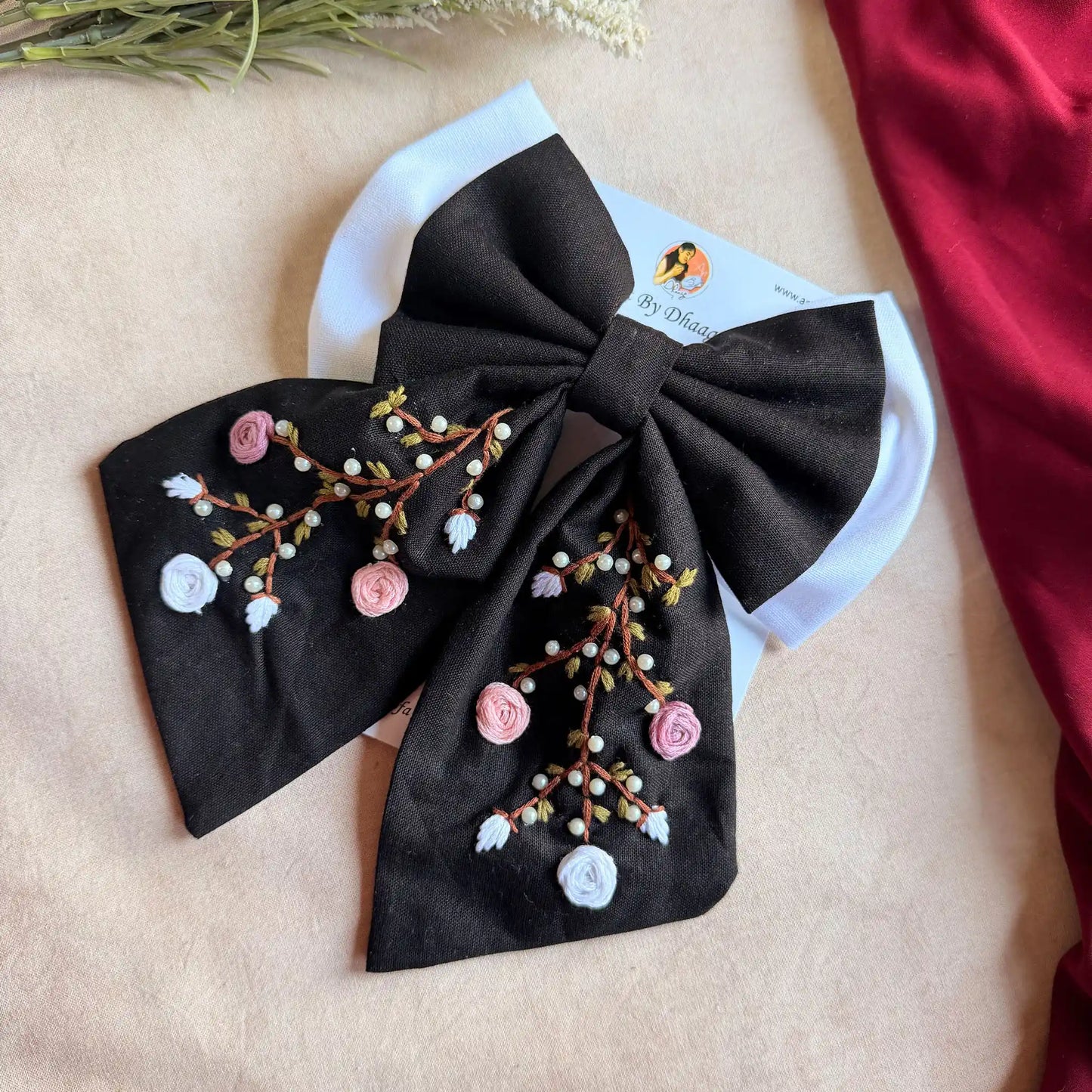 Aaradhya Black Bow – Hand Embroidered Floral Pearl Hair Bow