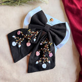 Aaradhya Black Bow – Hand Embroidered Floral Pearl Hair Bow