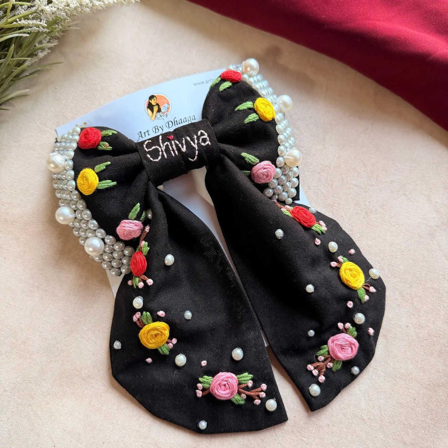 Gulnaar Black Bow – Hand Embroidered Personalized Floral Pearl Hair Bow