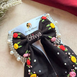 Gulnaar Black Bow – Hand Embroidered Personalized Floral Pearl Hair Bow