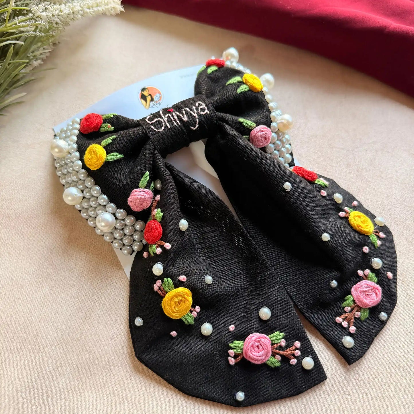 Gulnaar Black Bow – Hand Embroidered Personalized Floral Pearl Hair Bow