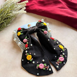 Gulnaar Black Bow – Hand Embroidered Personalized Floral Pearl Hair Bow