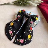 Gulnaar Black Bow – Hand Embroidered Personalized Floral Pearl Hair Bow