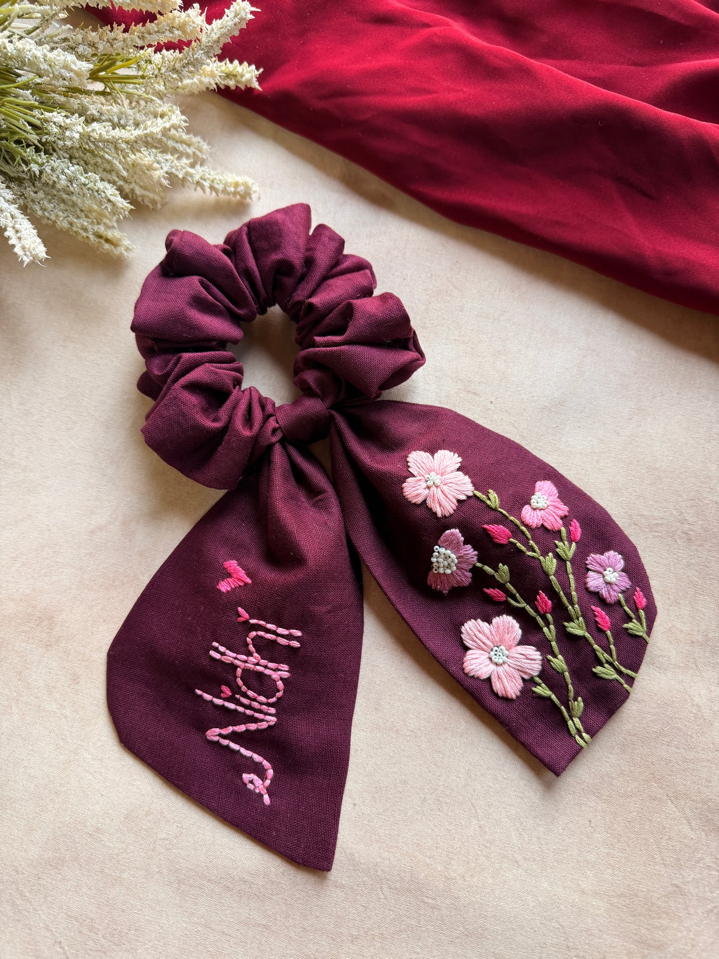 Pushpita Wine Hand Embroidered Custom Name Scrunchie