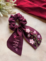 Pushpita Wine Hand Embroidered Custom Name Scrunchie