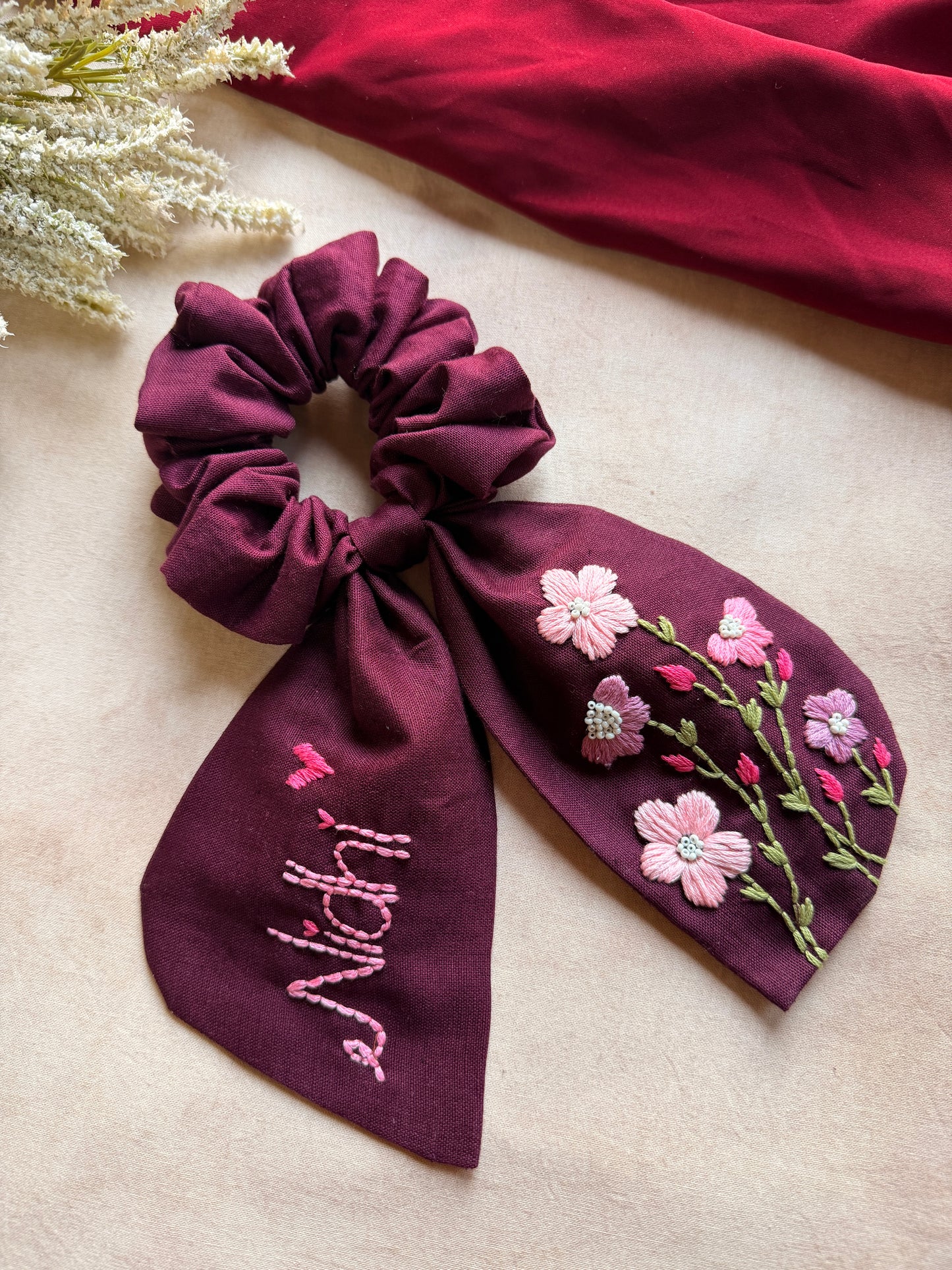Pushpita Wine Hand Embroidered Custom Name Scrunchie