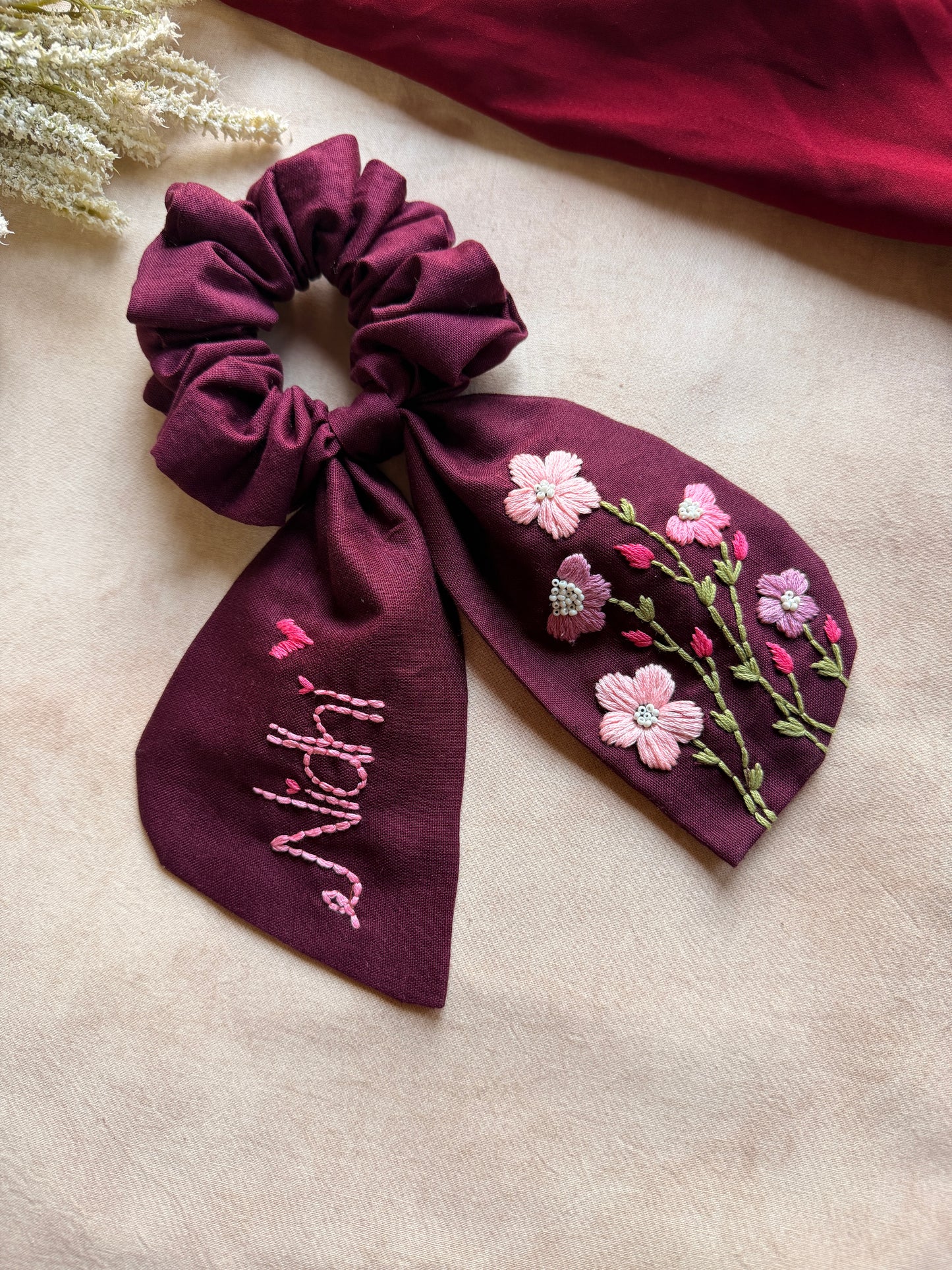 Pushpita Wine Hand Embroidered Custom Name Scrunchie