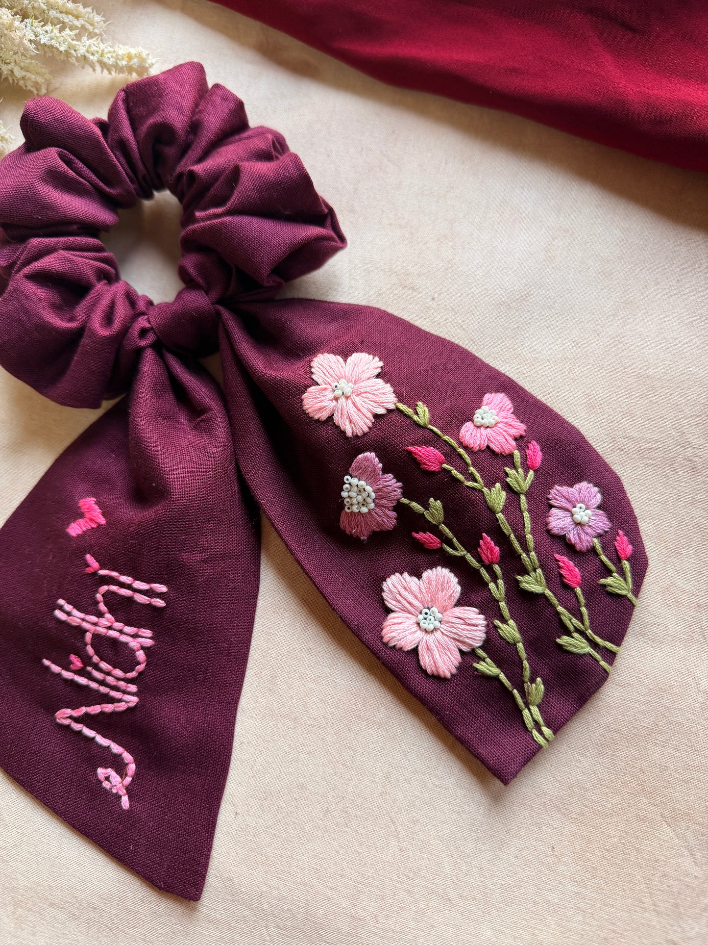 Pushpita Wine Hand Embroidered Custom Name Scrunchie